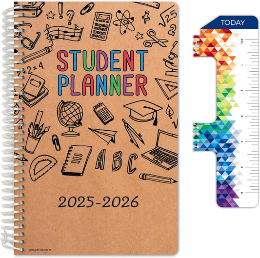 Global Datebooks Dated Middle School or High School Student Planner for Academic Year 2025-2026 Includes Ruler/Bookmark and Planning Stickers (Block Style - 5.5"x8.5" - Kraft Doodles)