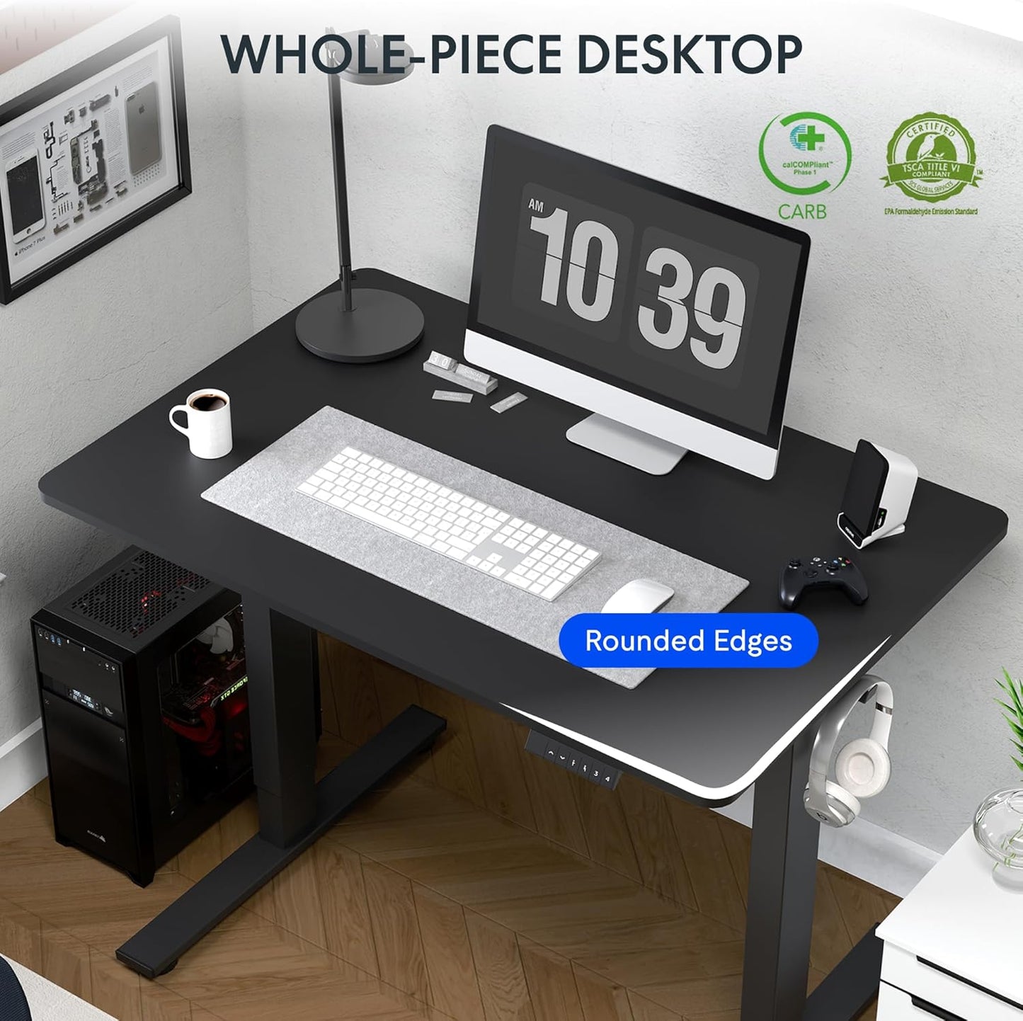 FLEXISPOT One-Piece Electric Standing Desk, 48 x 24 Inches Adjustable Desk with Seamless Desktop, Memory Controller Height Adjustment (Black Frame + Black Desktop, 2 Packages)