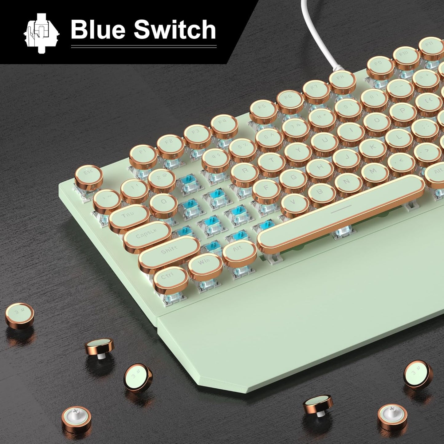 Camiysn Typewriter Style Mechanical Gaming Keyboard, Green Retro Punk Gaming Keyboard with White Backlit, 104 Keys Blue Switch Wired Cute Keyboards, Round Keycaps for Windows/Mac/PC
