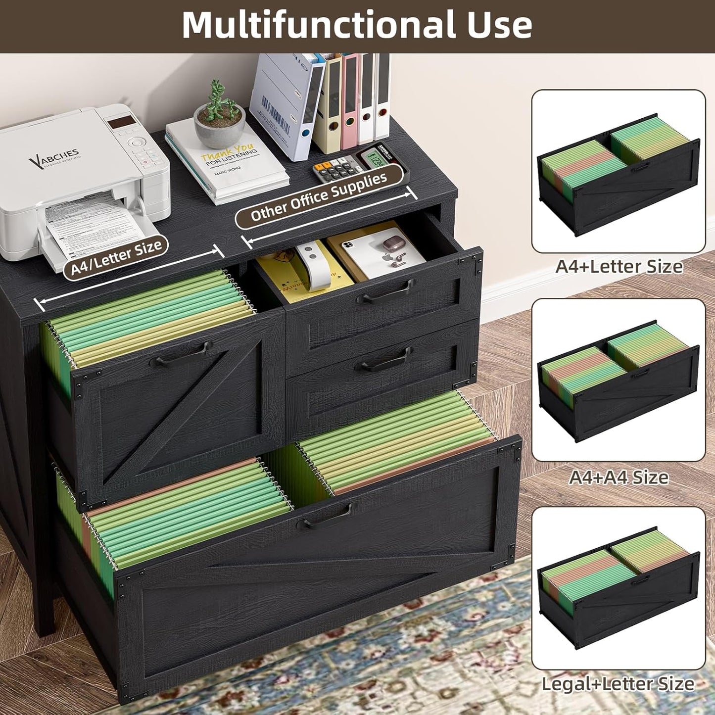 Wood Lateral File Cabinet with 4-Drawer for Hanging Files Letter/A4/Legal Size, Large Farmhouse Filing Cabinets for Home Office, Printer Stand with Office Cabinet, Office Furniture, Black