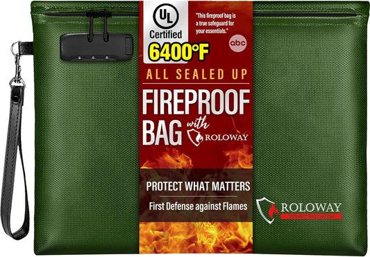 ROLOWAY Fireproof Document Bag (14.5 x 11.5 inch), 6400℉ Fireproof Money Bag with Zipper for Cash, Fire Safe Money Pouch with Lock (Green)
