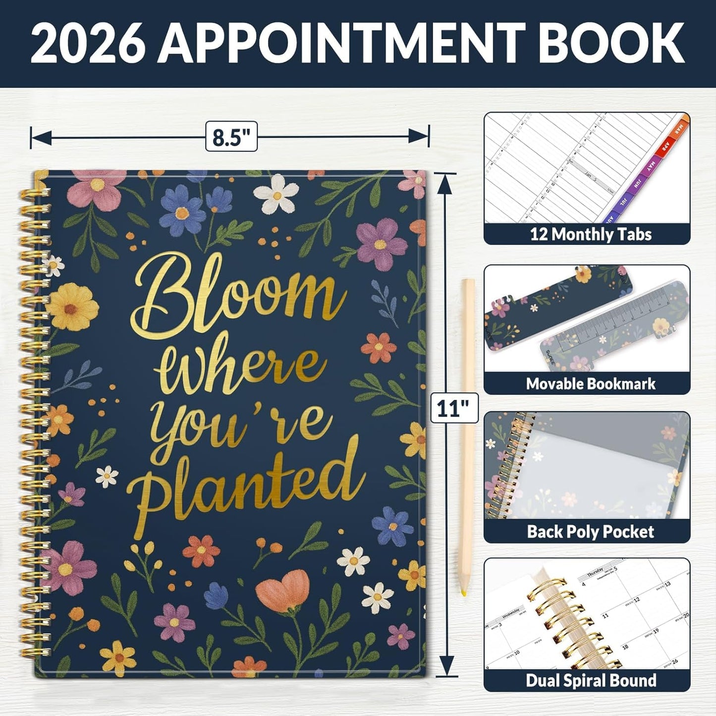 SUNEE 2026 Appointment Book, Quarter-Hourly, Weekly & Monthly - from January 2026 - December 2026, 8.5"x11" Weekly Planner, Flexible Cover, Note Pages, Pockets, Bookmark, Spiral Binding, Navy Flower