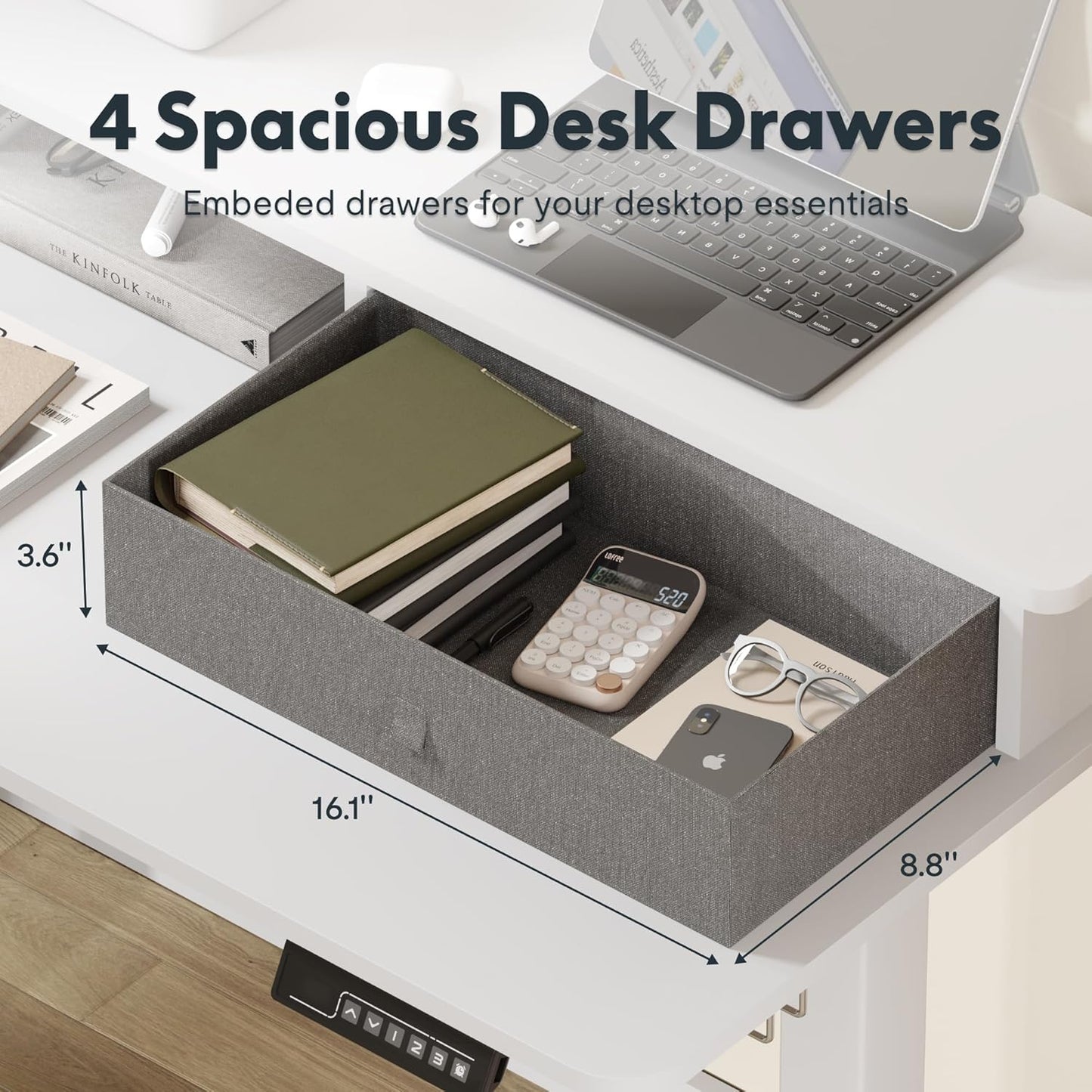 FLEXISPOT 63" L Shaped Standing Desk with Shelf Electric Corner Table, Drawers, Adjustable Computer Workstation for Home, Office,USB Charging Port, 63x55in, White Top + White Frame