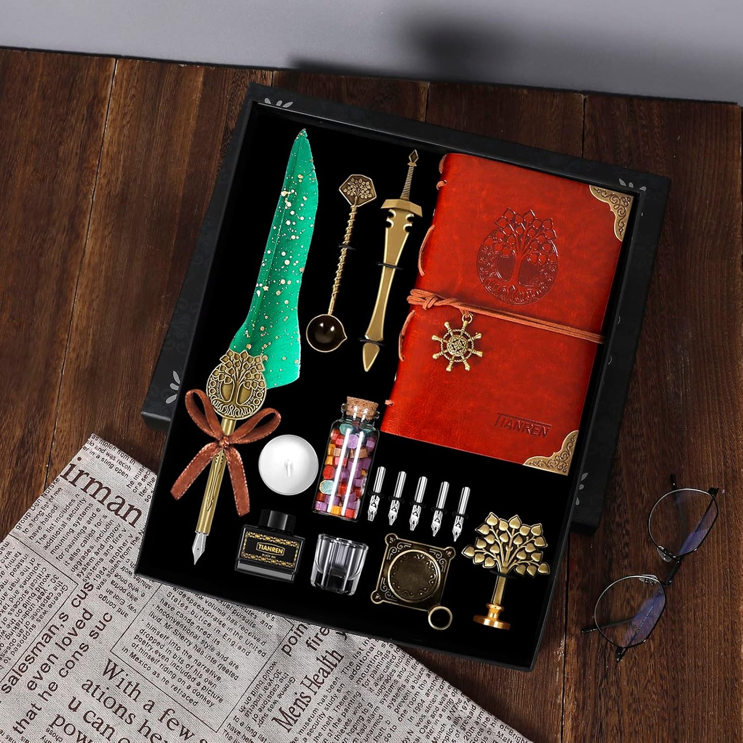 Quill Pen and Ink Set,Feather Dip Pen,Antique Calligraphy Pen with 5 Replaceable Nibs,Wax Seal Stamp kit,Wax Beads & Leather Writing Notebook Christmas gift for Men&Women(Green)