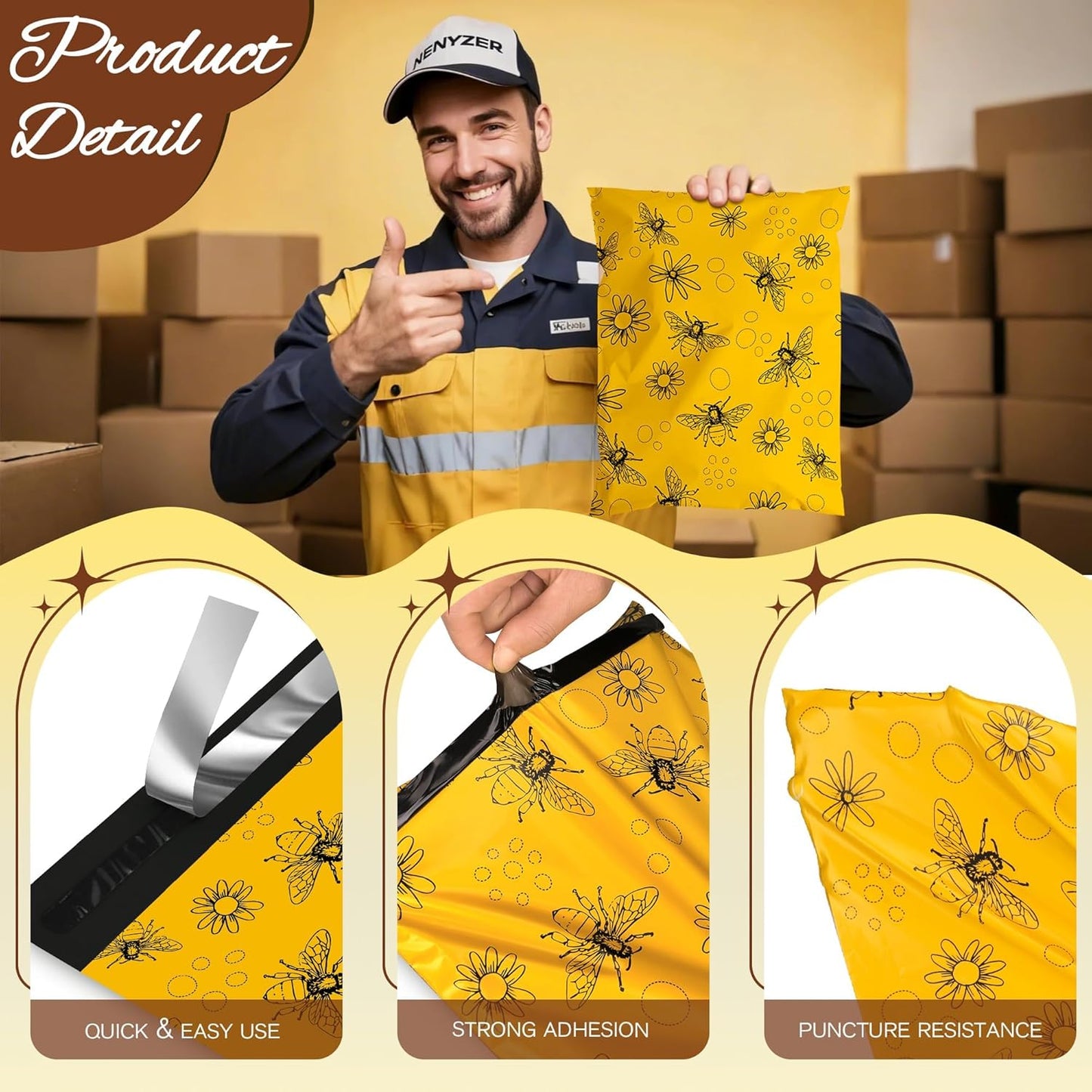 Bees Poly Mailer 14.5x19 Inch 50 Pcs, Waterproof Shipping Bags for Clothing, Tear-Resistant Mailier Bags, Strong Mailing Bags with Self-Seal
