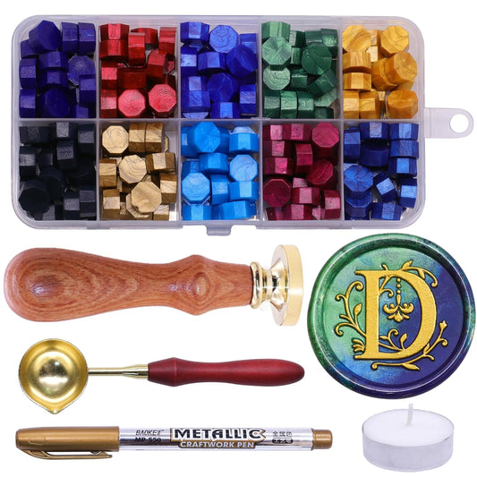 SWANGSA Initial Alphabet D Wax Seal Stamp Kit, Classic Retro Letter Sealing Stamp with 200pcs Sealing Wax Beads Kit for Wedding Invitations Cards Envelopes (D)