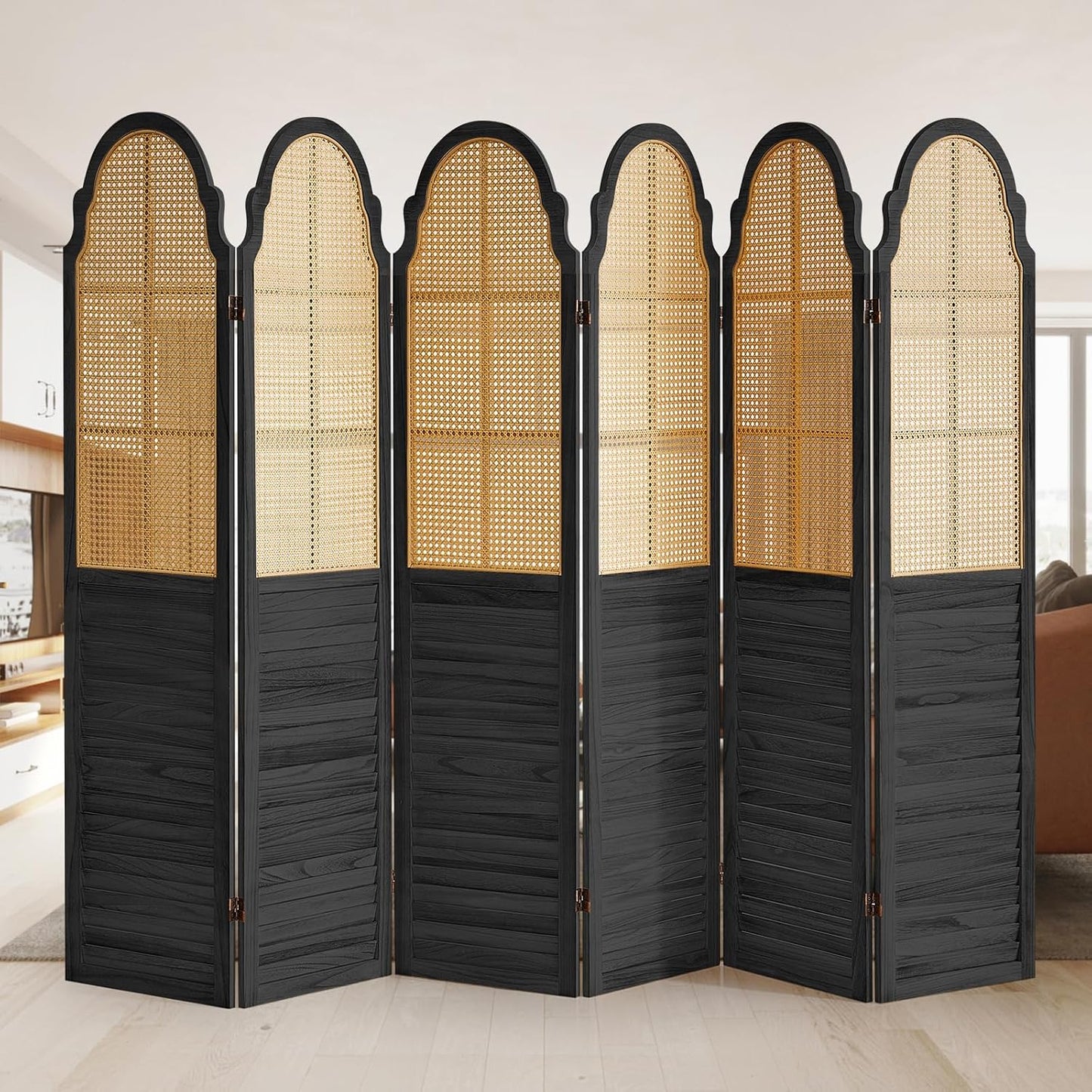 6 Panel Rattan Folding Screen Room Divider, Privacy Dividers for Rooms, Louvered Partition Dividers, Room Divider Panel for Bedroom, Dressing Room, Balcony, Black