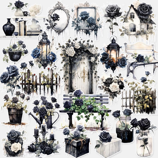Dark Aesthetic Stickers 80 Pcs, Black Rose Stickers Goth Style Scrapbook Supplies, Water Bottle Vinyl Waterproof Sticker for Bullet Journal Laptop Skateboard Computer Guitar