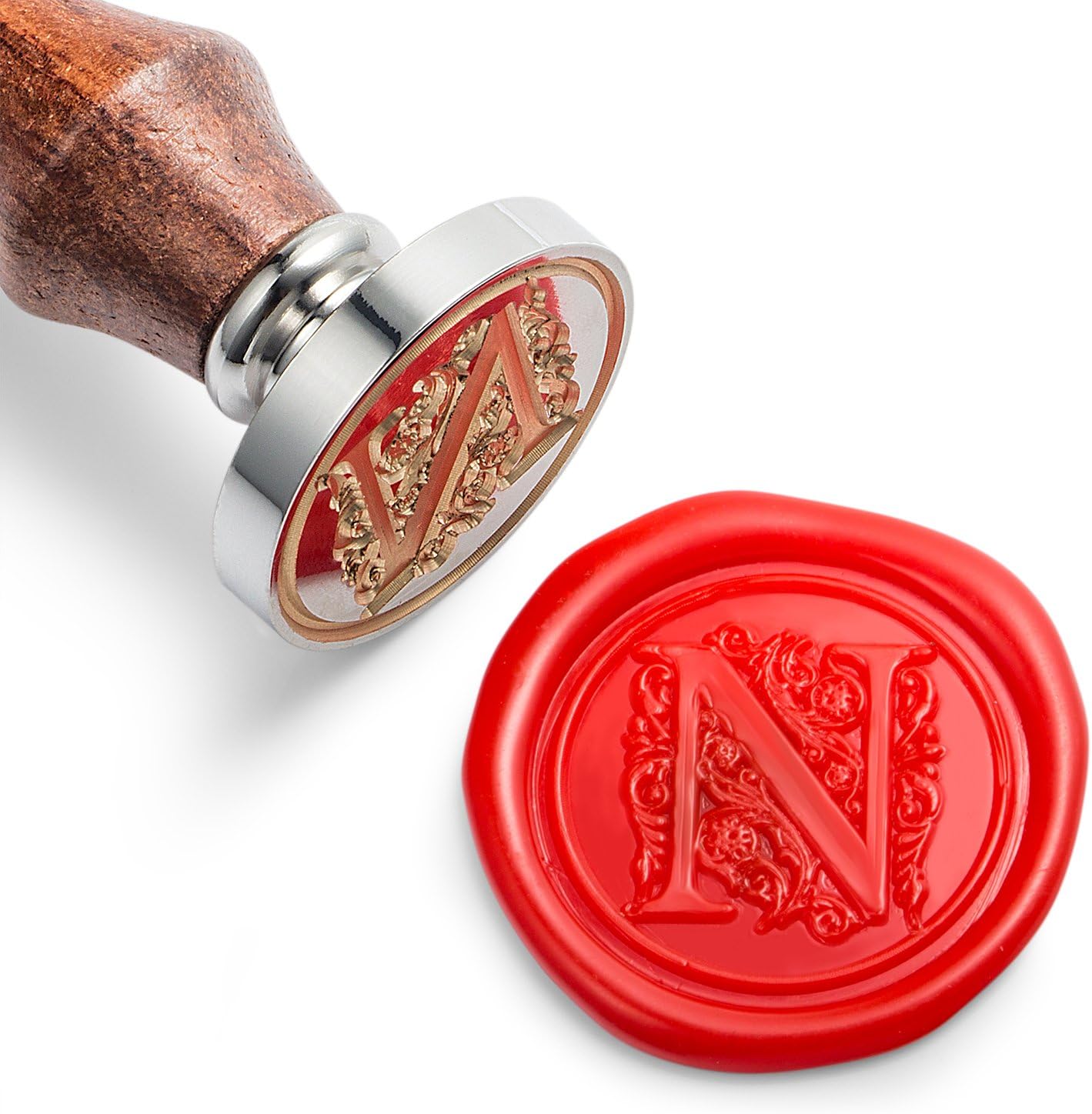 Mceal Wax Seal Stamp, Large Seal 1 1/5"(30mm) Dia, Silver Brass Head with Wooden Handle, Regal Letter A to Z Series (Letter N)