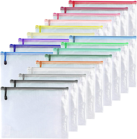 Oaimyy-8"x10"-18 Pcs-Plastic Mesh Zipper Pouch Document Folders Bag Zip File Bags for Office Supplies,Home,Travel Storages,Puzzle Board Games Storage-(Multicolor)