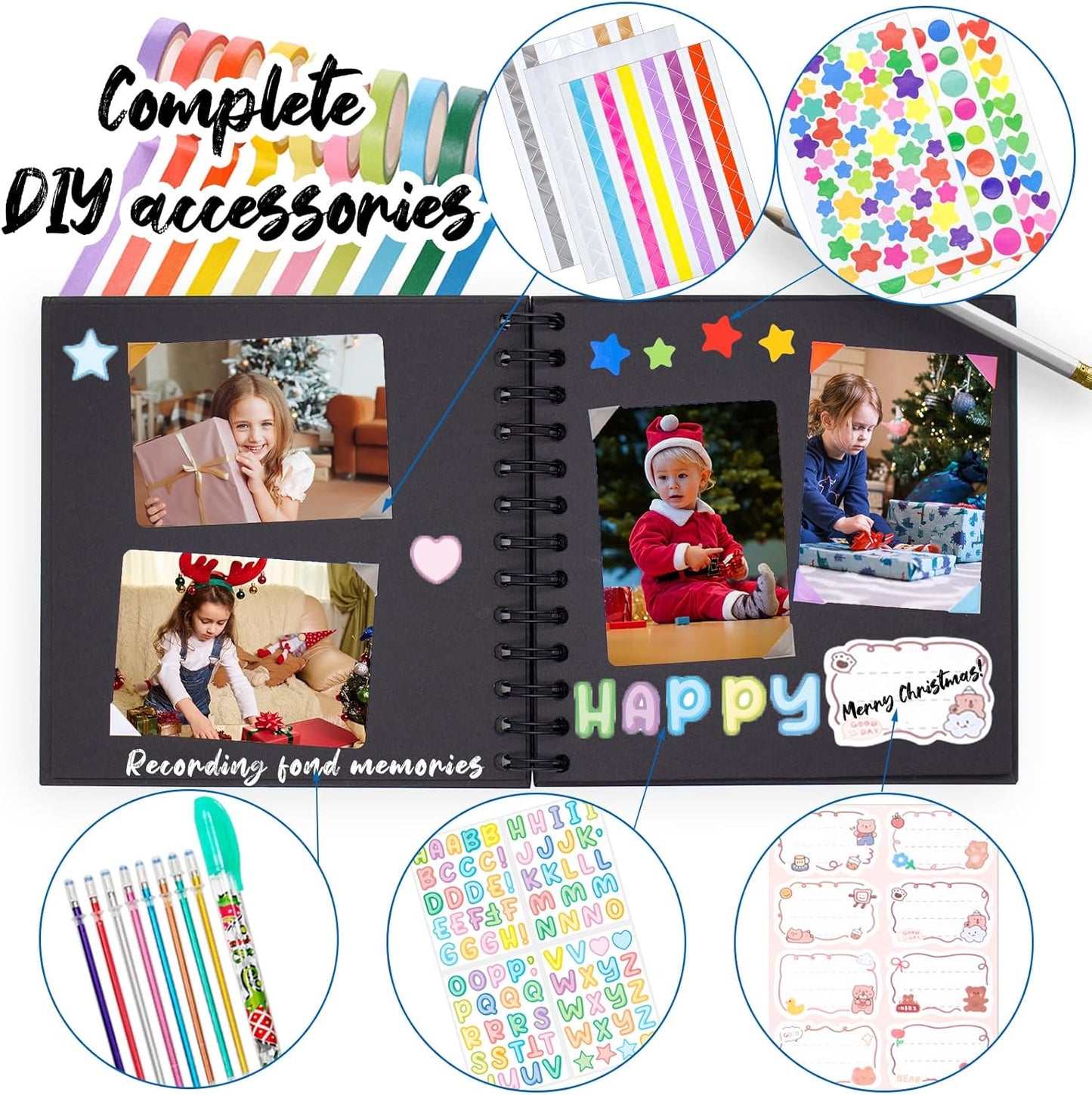 Kid Scrapbook Photo Album Hard Cover DIY Photo Album for Kids Instant Camera Print Paper with DIY Accessories (Black)