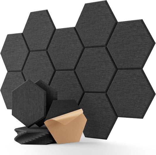 Soundsbay Acoustic Panels, 12 Pack Hexagon Soundproof Wall Panels High Density Sound Absorbing Panel, Sound Proof Foam Panels for Walls, Office, Reccording Studio, Ceiling 12" X 10" X 0.4" Black