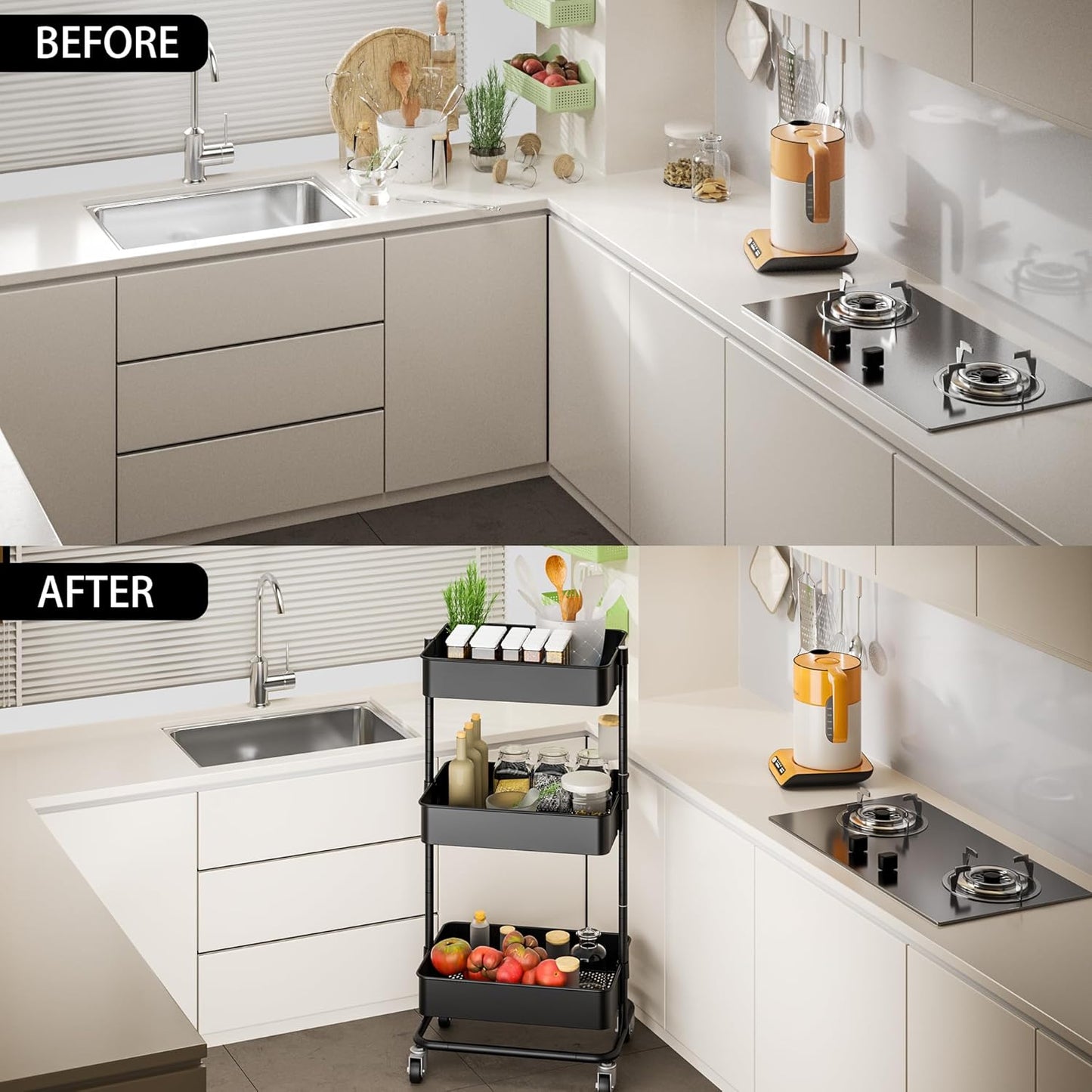 TECBOT 3 Tier Metal Rolling Cart with Wheels, Utility Storage Cart with Handle and Lockable Casters, Storage Basket Organizer Shelves, Easy Assemble for Kitchen, Living Room, Office, Nursery, Black