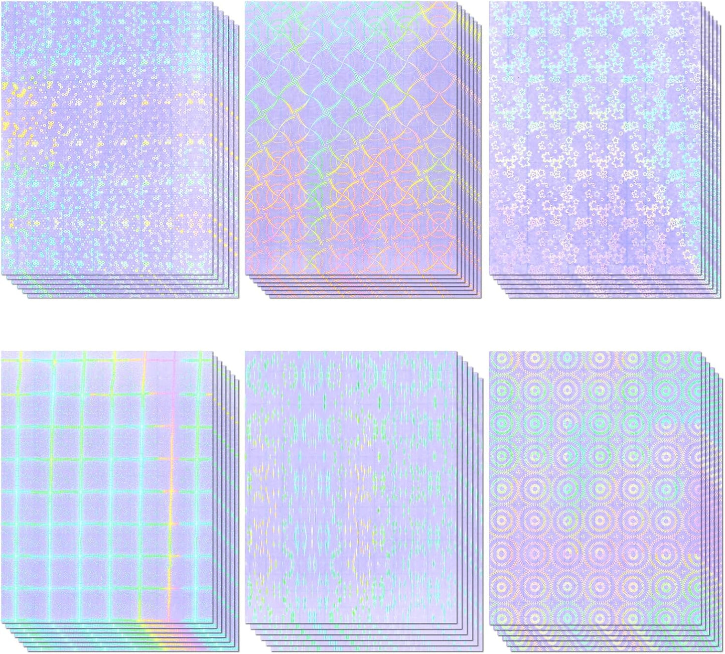 36 Sheets Holographic Sticker Paper, Clear Vinyl Laminate Film for Stickers Self-Adhesive, Transparent Overlay Lamination Sticker Paper Waterproof, 6 Patterns-8.5x11 Inch