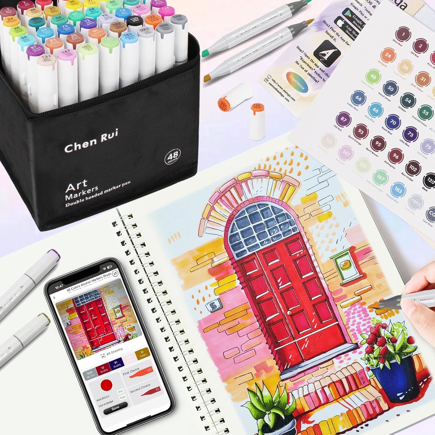YHC 60 Colors Alcohol Brush Marker with Free App,Dual Tips Art Markers for Adults and Kids, Alcohol Based Brush & Chisel Tips Markers for Drawing, Coloring, Painting, Sketching