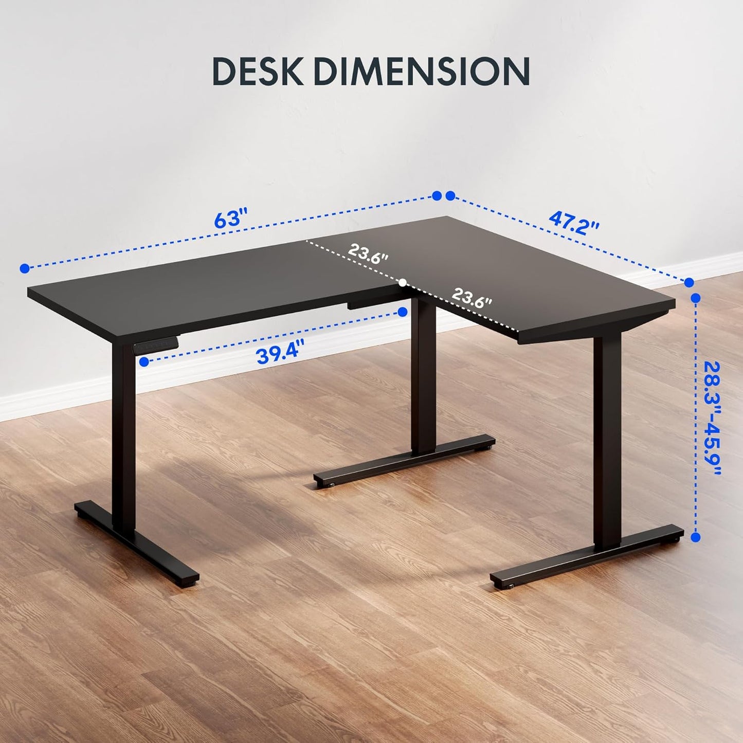 FLEXISPOT L Shaped Standing Desk, 63 x 47 Inch Electric Height Adjustable Corner Desk, Sit Stand Computer Workstation, Preset Controller, Home Office, Black Frame with Black Top, Black Drawer