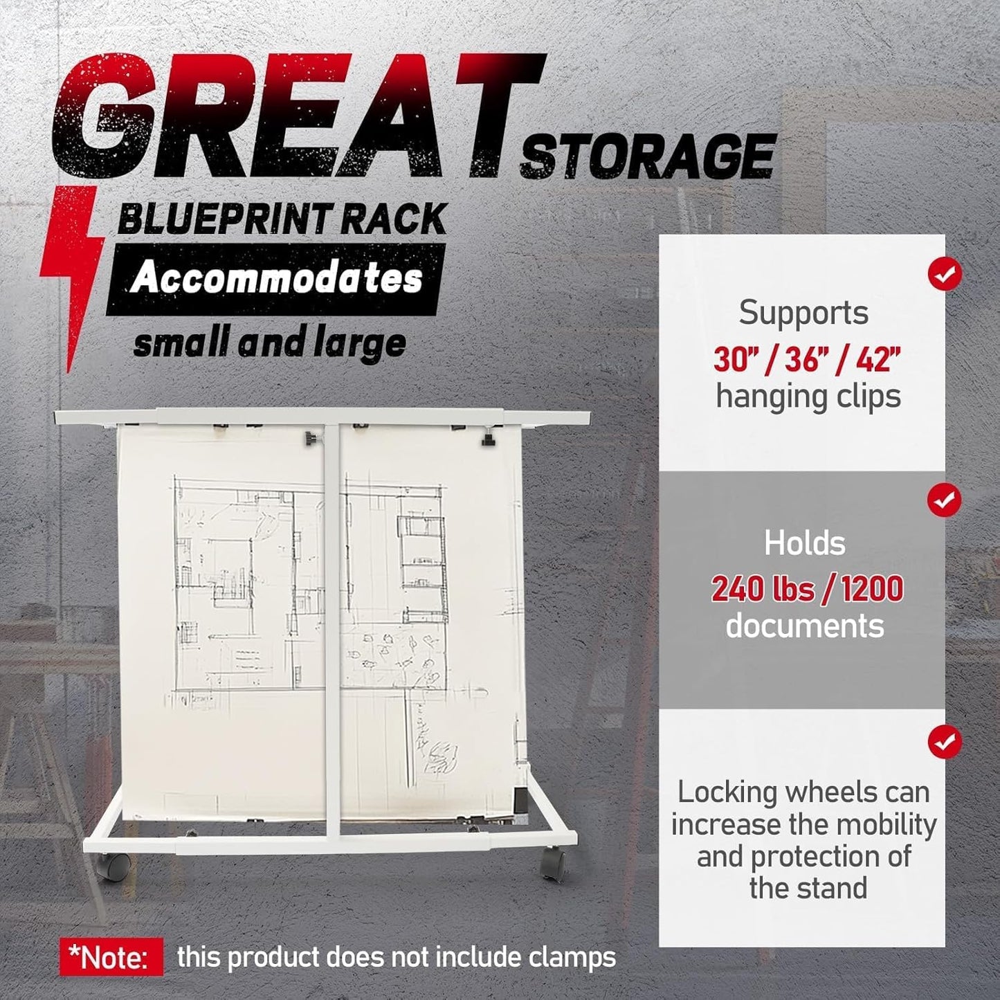 Mobile Blueprint Holder Rack Stand for for 30"/36"/42" Clamps Adjustable Portable Blueprint Storage Organizer File Plans Maps Posters and Drawings Display Rack for Home Office and Workplace