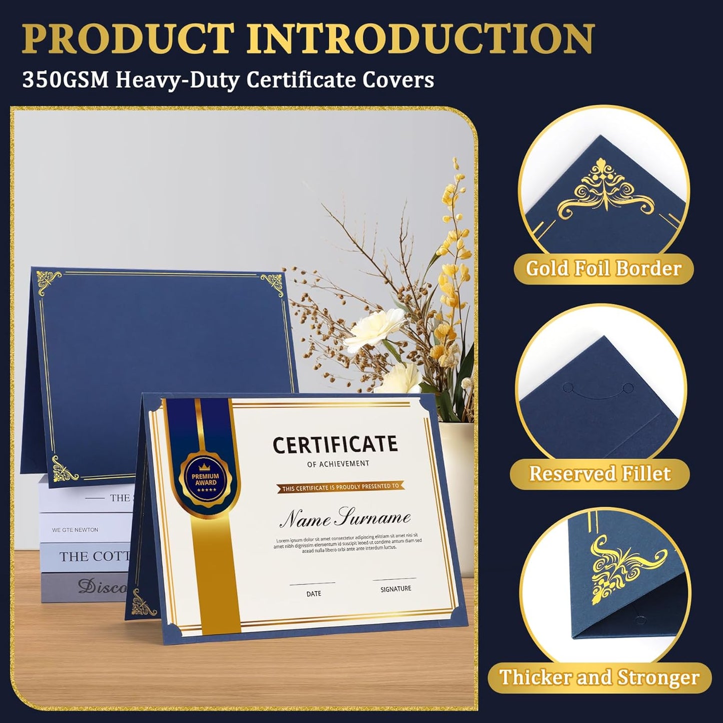 Ndsox 90 Packs Navy Blue Certificate Holders, Graduation Diploma Holders, 350GSM, Diploma Covers with Gold Foil Border for Letter Size 8.5" x 11" Award Certificate Paper, Cardstocks and Documents