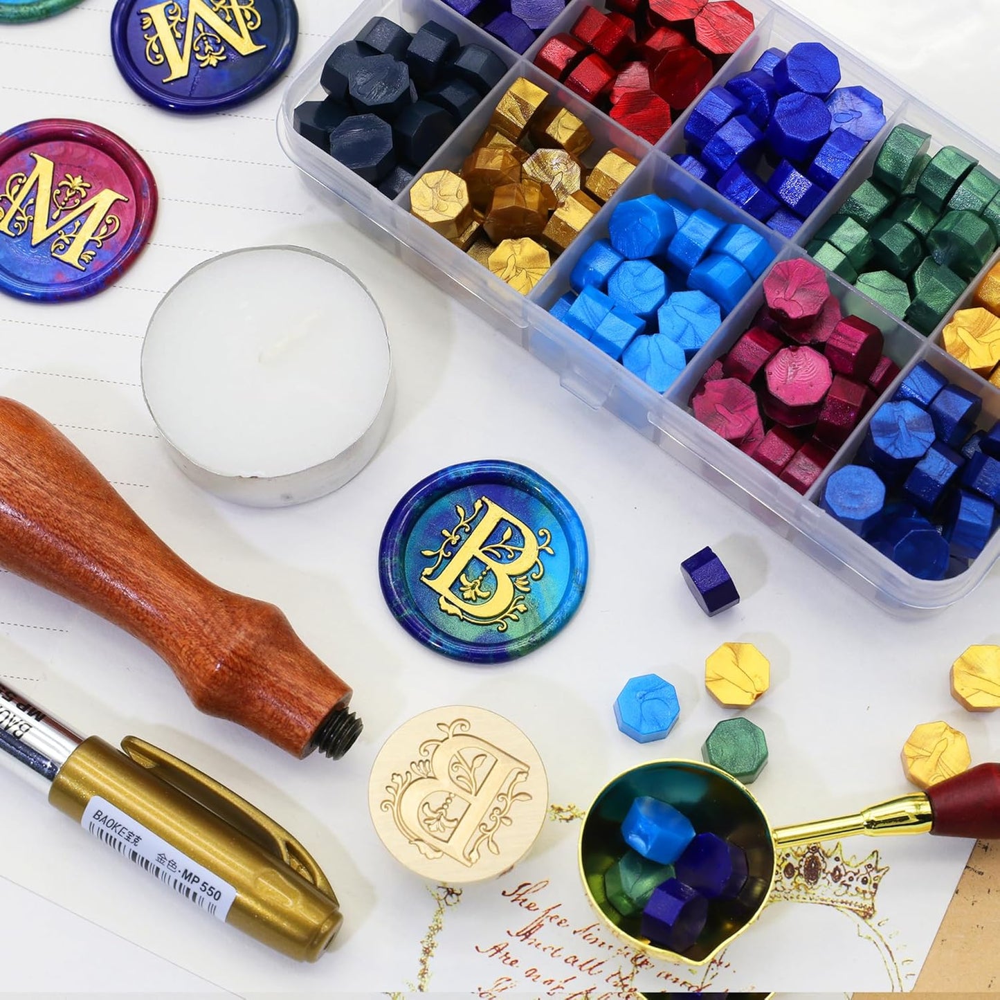 SWANGSA Initial Alphabet B Wax Seal Stamp Kit, Classic Retro Letter Sealing Stamp with 200pcs Sealing Wax Beads Kit for Wedding Invitations Cards Envelopes (B)