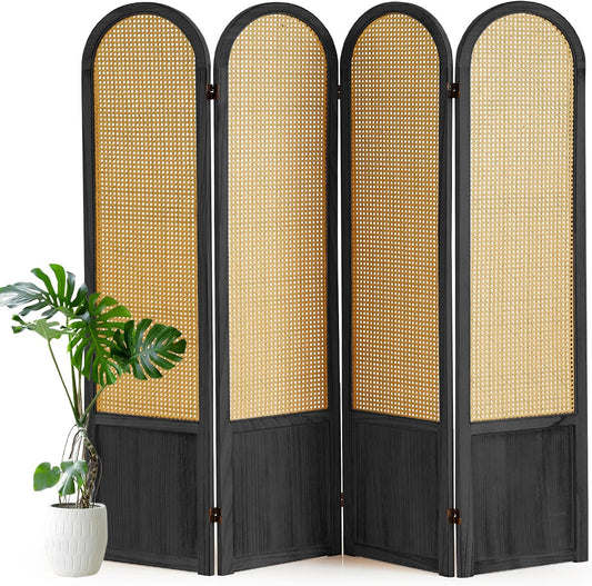 4 Panel Room Divider and Folding Privacy Screen, 5.6 Ft Foldable Double Hinged Rattan Partition, Hand-Woven Rattan Room Divider Portable Wood Freestanding Wall Divider for Room Separation - Black