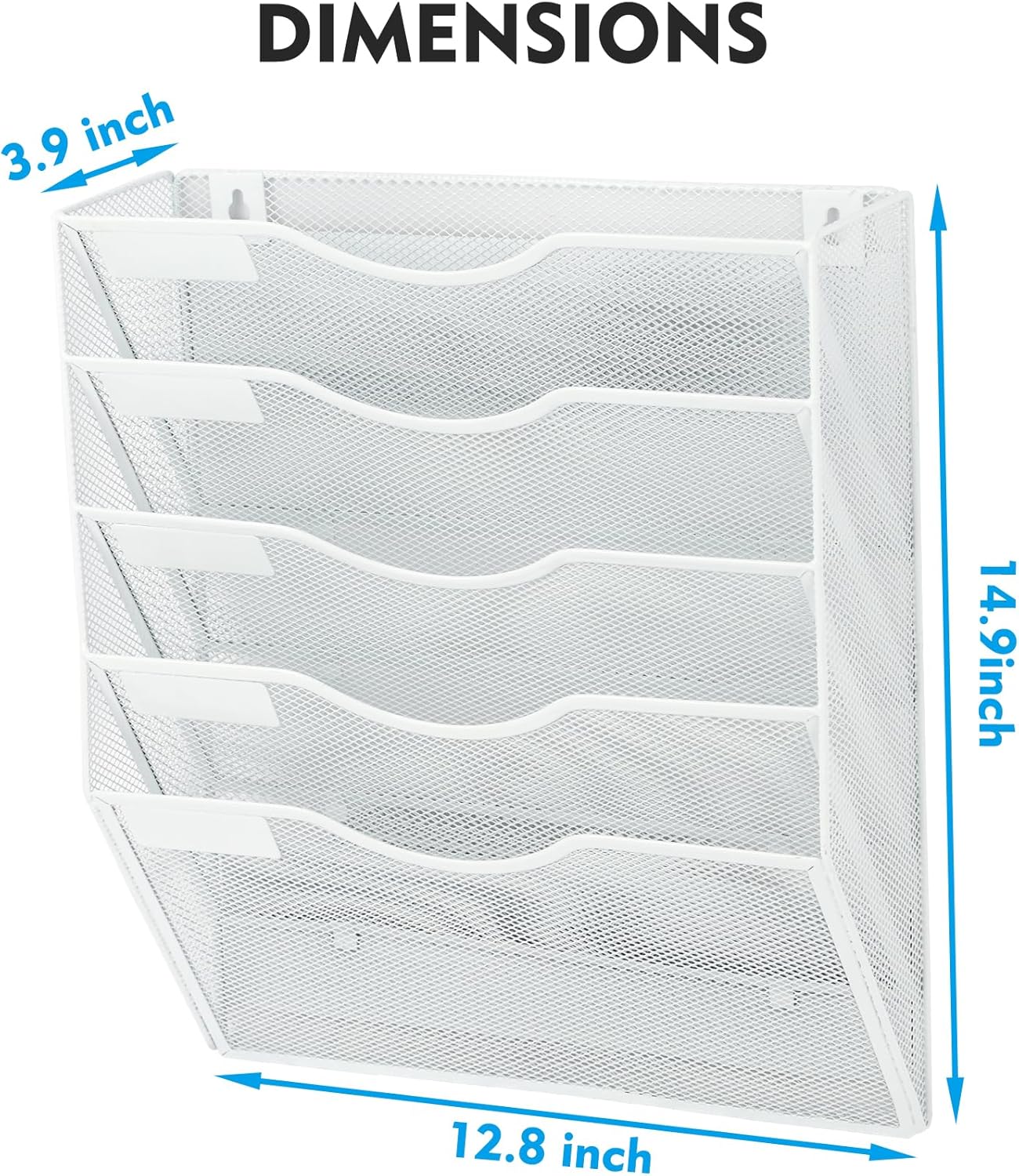 EASEPRES Magnetic 5 Pocket Mesh Hanging File Organizer, Wall Mounted Mail Paper Document Folder Holder, Clipboard Storage Organization Magazine Rack with Nametag Label for Office Home School, White