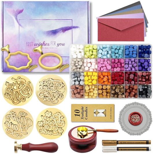 Wax Seal Stamp Kit with Gift Box, 672 Pcs Wax Seal Beads, 4 Pcs Wax Stamps, 2 Pcs Wax Seal Molds, Sealing Wax Warmer, Spoon, Mat, Metallic Pens, Candles, Wax Seal Kit for Craft Gift