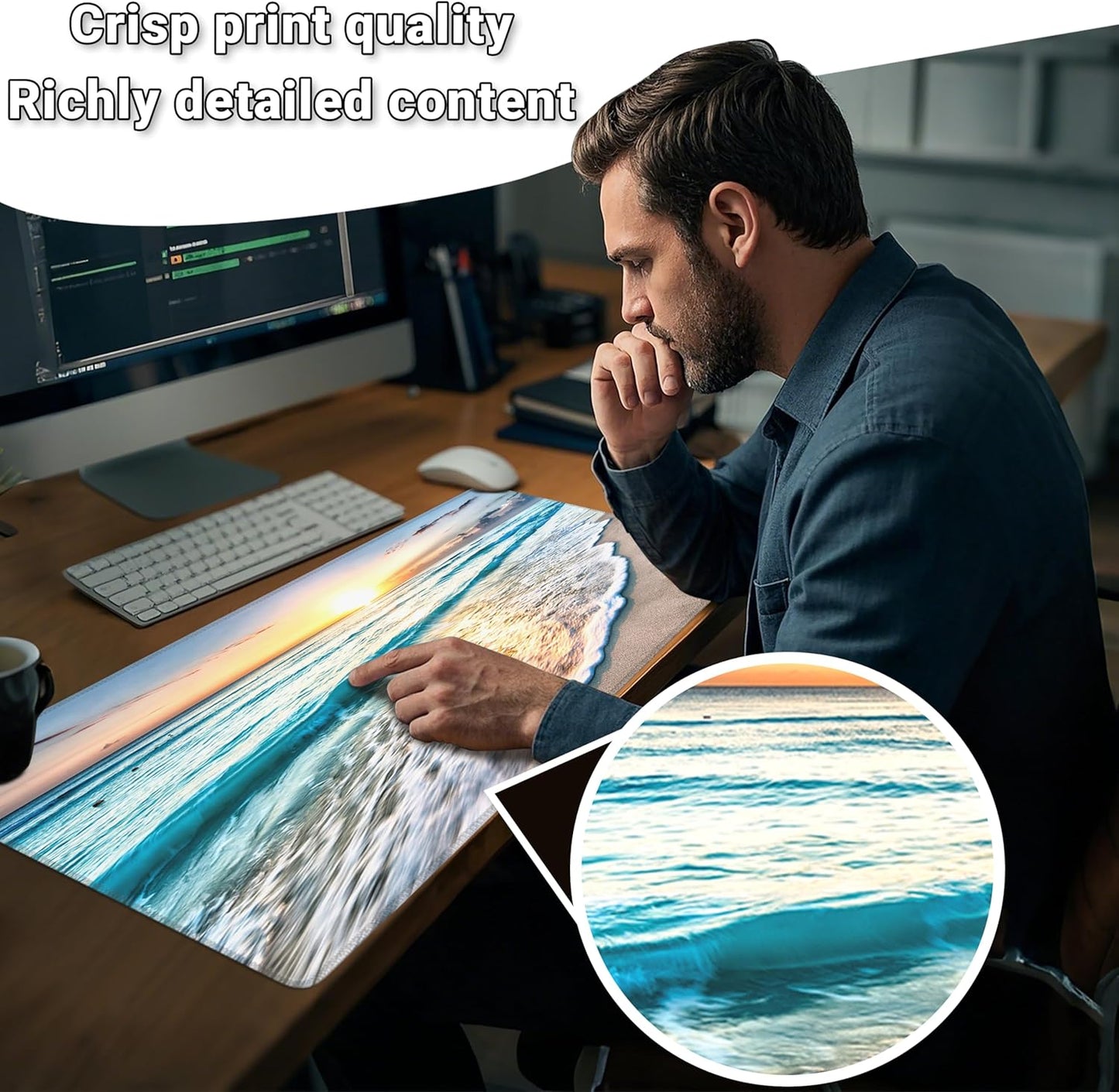 Mouse Pad with Beach View – Sunrise Scenery Desk Pad – Portable Computer Mousepad – Gaming, Office, Waterproof, Non-Slip, Stitched Edges 35.5 x 15.7inches x 3mm