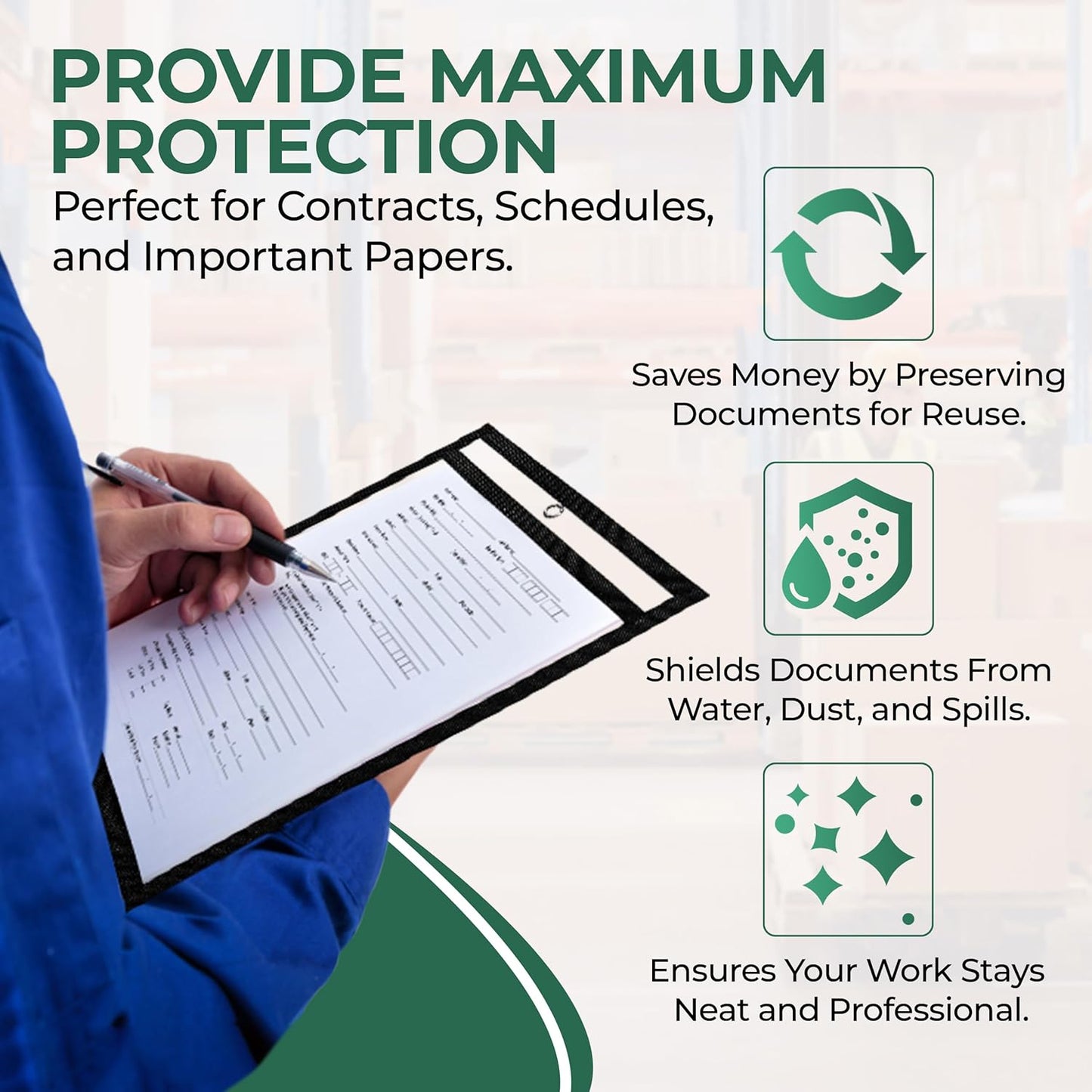 Job Ticket Holders 10x14 - (30 Pack) 8.5x11 Letter Size | Reusable Dry Erase Pockets Black with Metal Rings & Hooks | Durable Clear Shop Sleeves for Work Order | Perfect for Classrooms