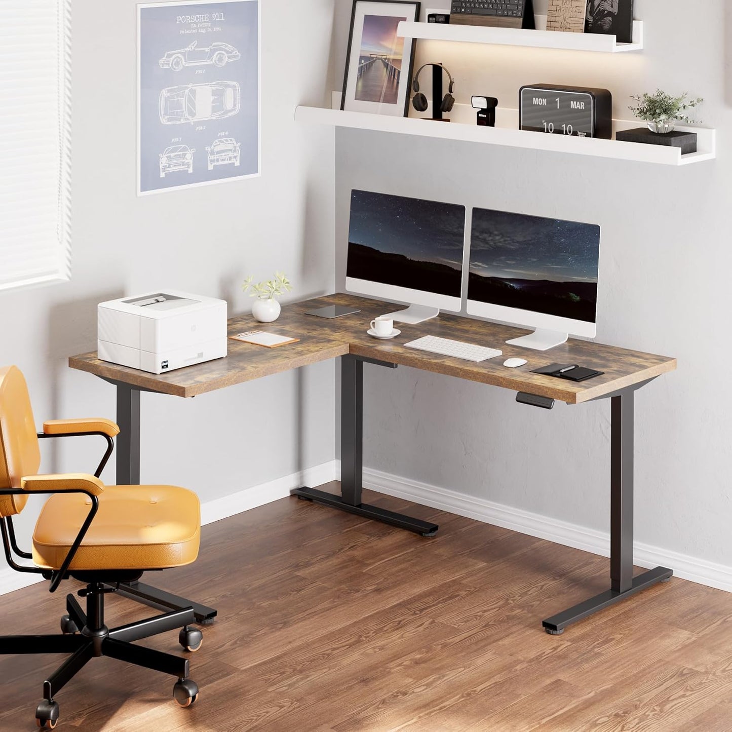 FLEXISPOT L Shaped Standing Desk, 63 x 55 Inch Electric Height Adjustable Corner Desk, Sit Stand Computer Workstation, Preset Controller, Home Office, Black Frame with Rustic Brown Top