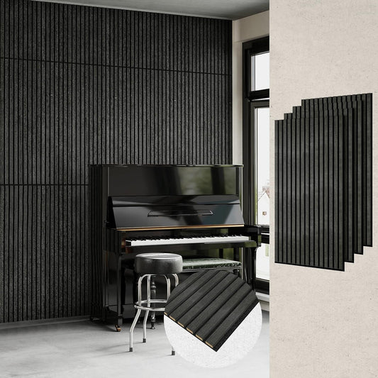 MISSDAY Wood Slat Acoustic Wall Panels, 4 Packs 47.2" x 23.6" Natual Black Soundproof Panel For Interior Wall Decor Noise Absorbing-3D Textured Wooden Panel Sound-Absorbing for Home, Office, Studio