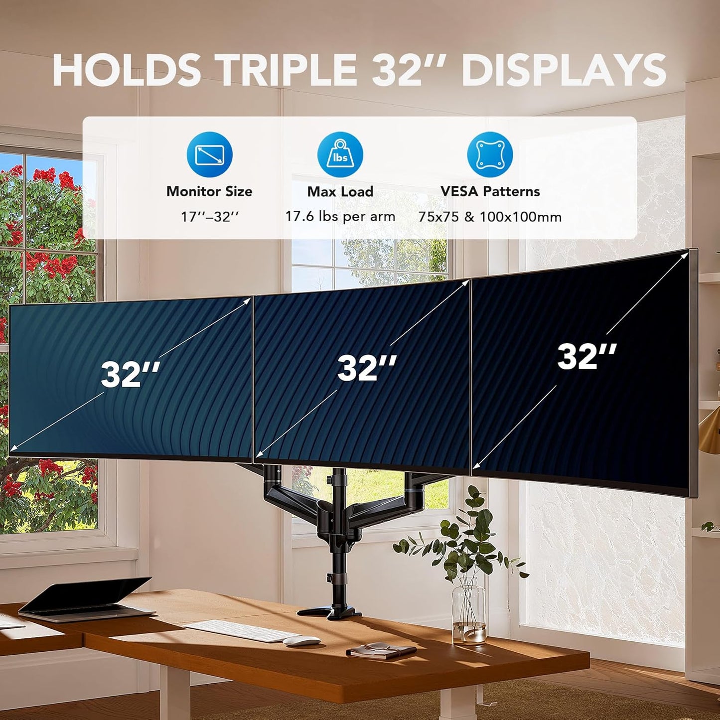HUANUO Triple Monitor Mount for 17 to 32 inch Screens, Gas Springs Adjustment Triple Monitor Stand with Swivel, Tilt, Rotation, Clamp & Grommet Kit (Black)