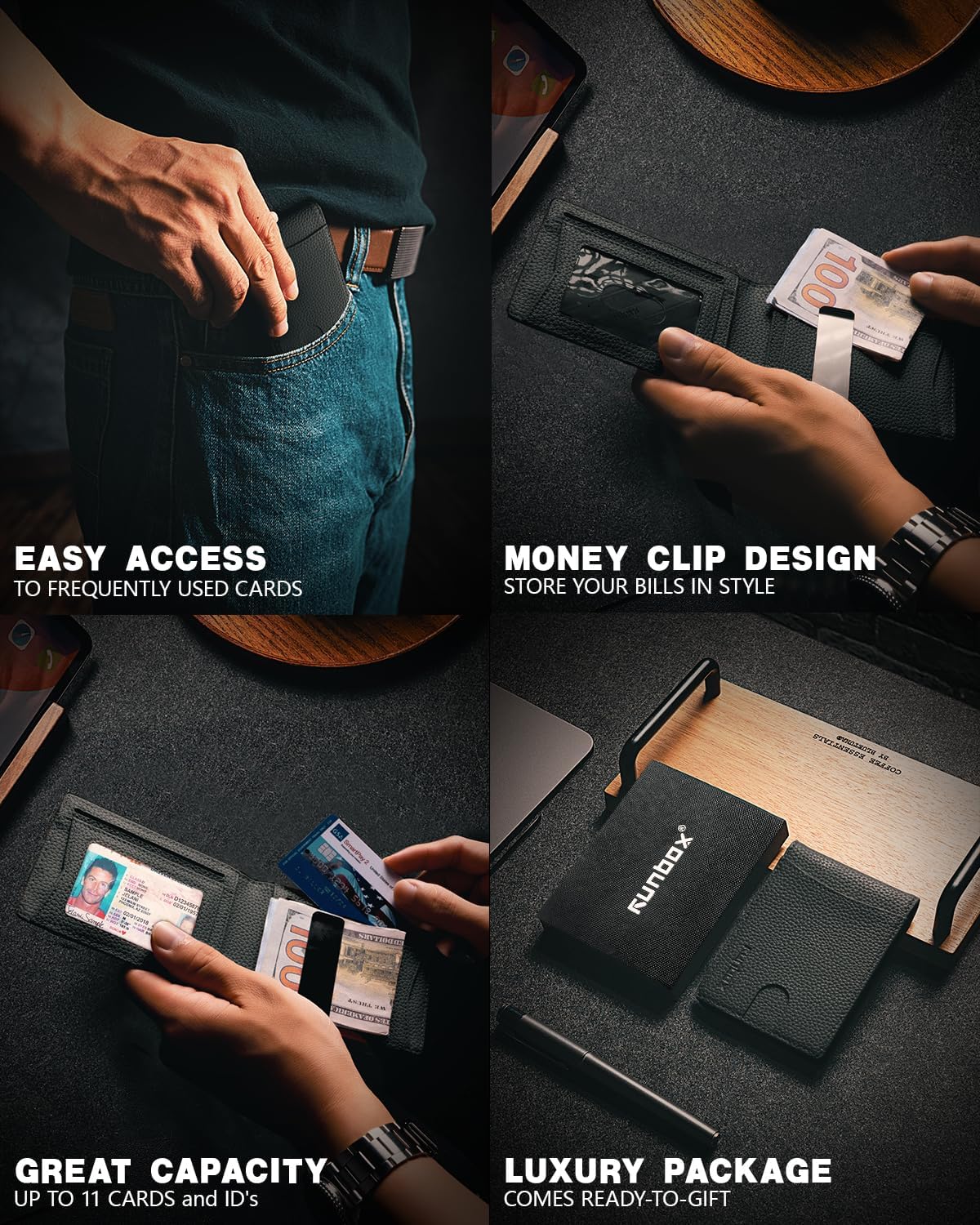 RUNBOX Money Clip Slim Wallets for Men RFID Blocking 11 Card Holder Minimalist Small Leather Bifold Men's Front Pocket Wallet Gift Box