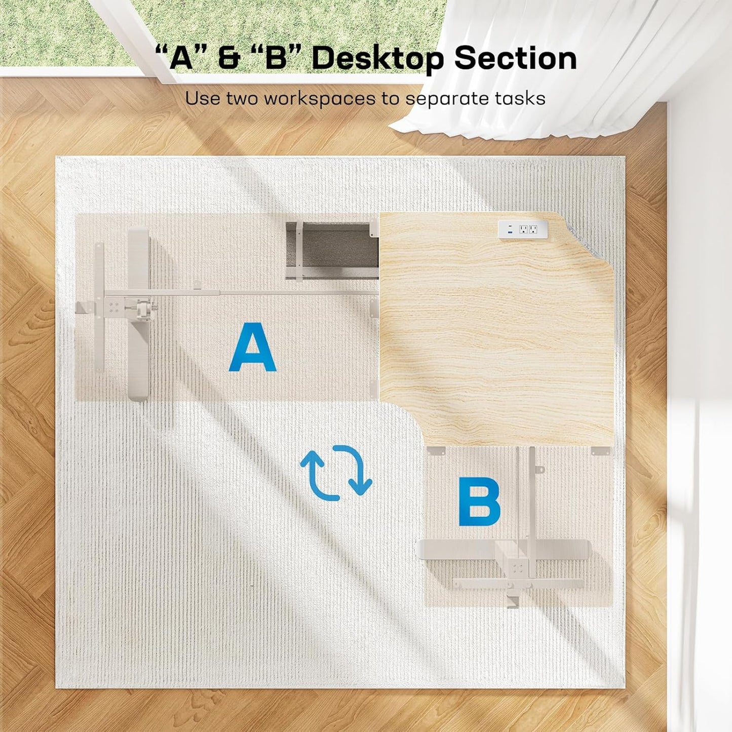 HUANUO 63″ Dual Motor L-Shaped Standing Desk, Built-in Power Outlets, Electric Height Adjustable Corner Computer Desk, Large Power Strip Holder, Sit Stand Up Desk with 3 Preset Heights, Natural Wood
