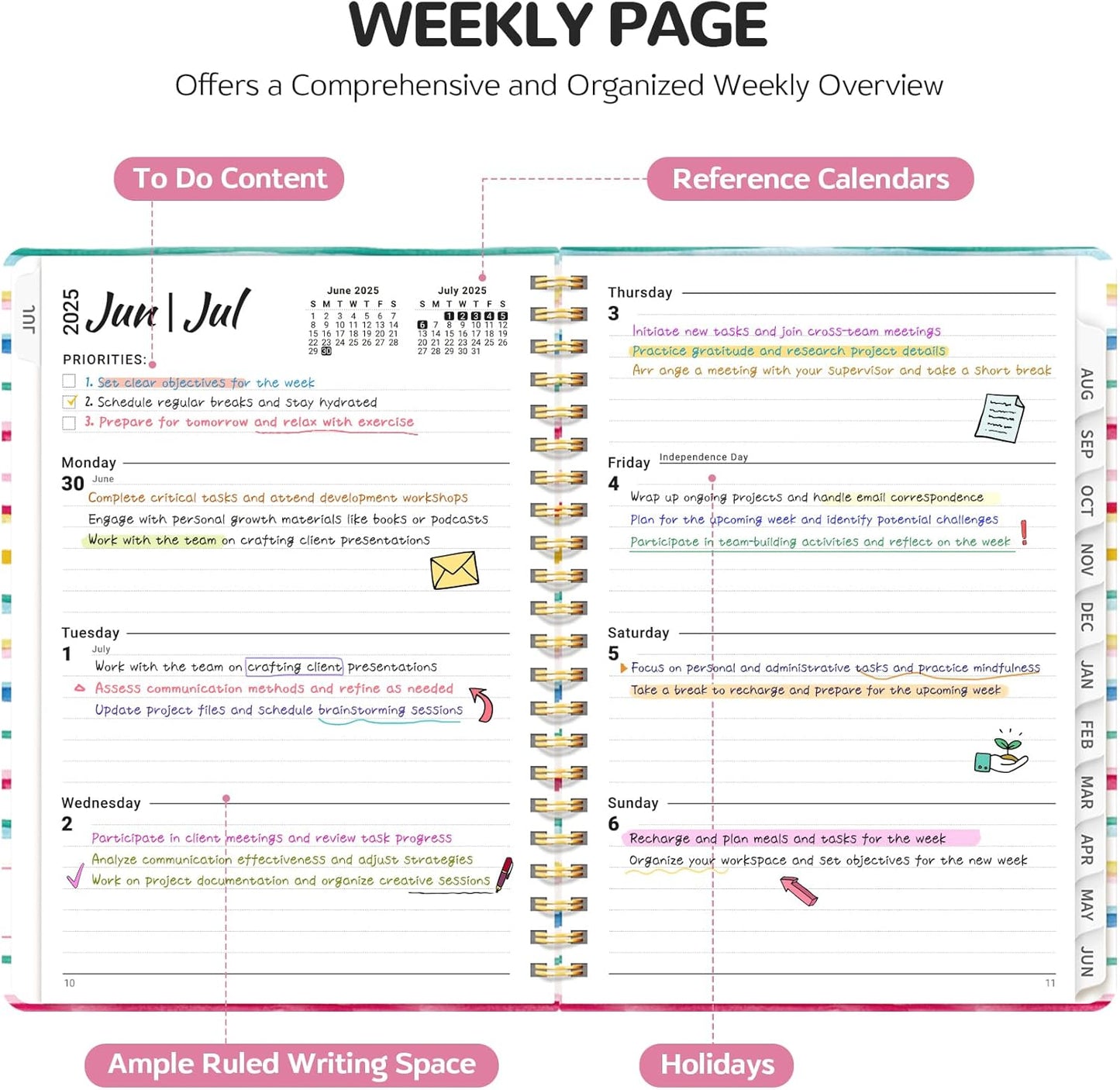 Planner 2025-2026, Academic Year Weekly and Monthly Calender Planner, July 2025 - June 2026, Spiral Bound School Planning Tool, Perfect for Teacher, Student, Women & Men - A5 (6.3" x 8.5"), Color Lines