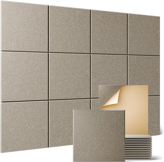 Sonicism 12 Pack Acoustic Wall Panels with Self-Adhesive, 12" X 12" X 0.4" Sound Proof Foam Panels, Decorative Soundproof Wall Panels, Sound Proof Absorbing Tiles for Home & Offices, Camel