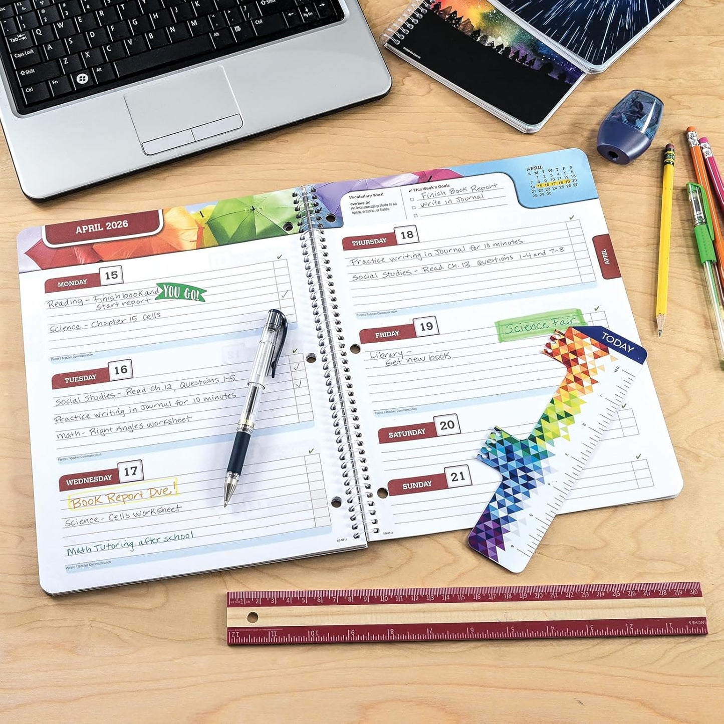 Global Datebooks Dated Middle School or High School Student Planner for Academic Year 2025-2026 Includes Ruler/Bookmark and Planning Stickers (Block Style - 8.5"x11" - Doodles)