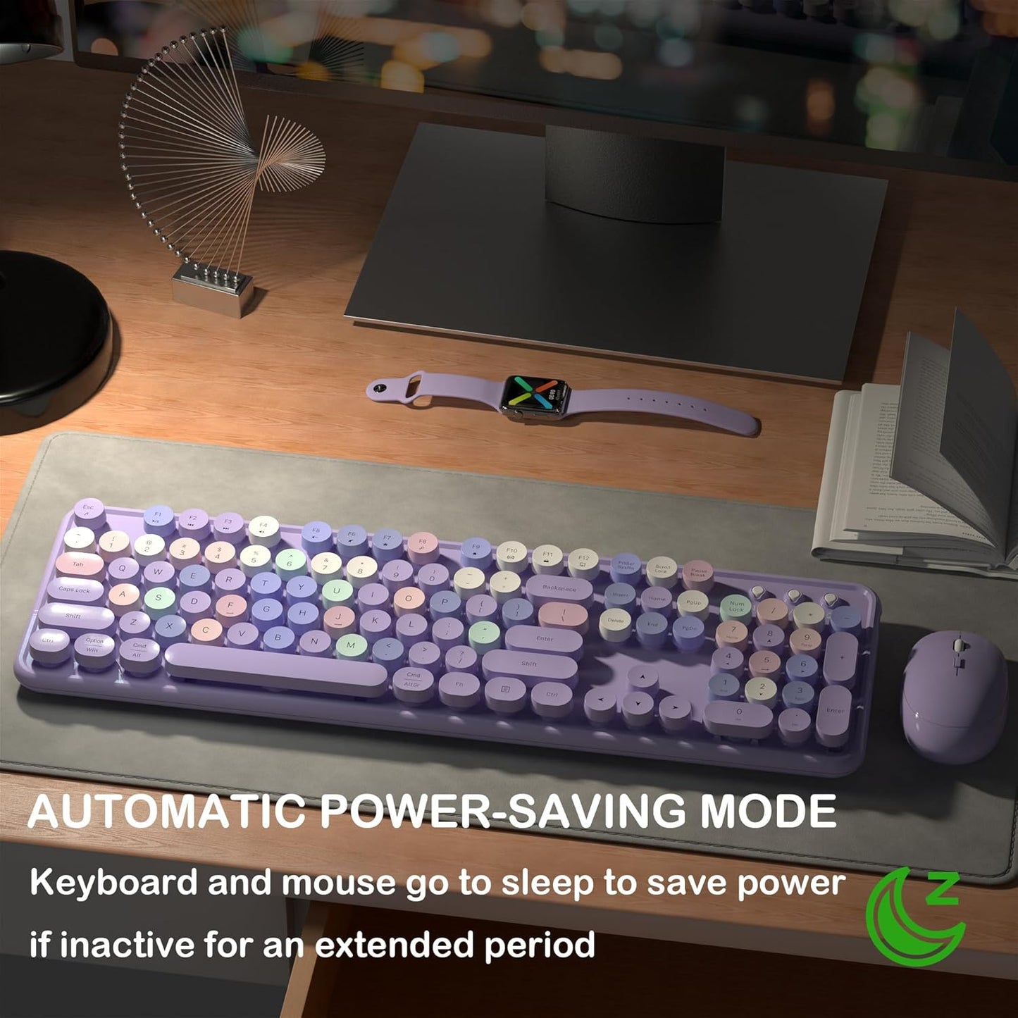 Wireless Keyboard and Mouse, Full-Size Retro Typewriter Keyboard with Round Keycaps, 2.4GHz for Windows, Mac, Laptop, PC, Desktop (Purple Colorful)