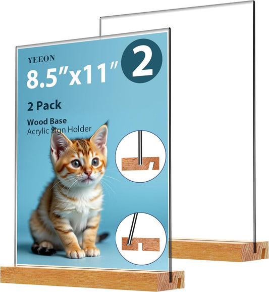 Acrylic Sign Holder with Wooden Base, Desktop Display Stand (8.5x11 2Pack)