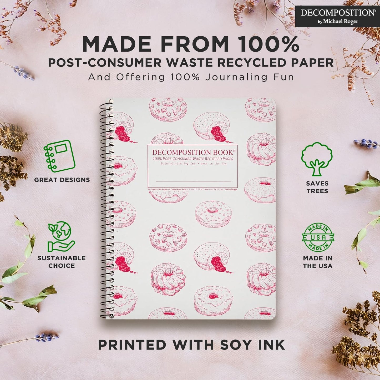 Decomposition Donut Time College Ruled Spiral Notebooks – 9.75 x 7.5 Journal with 160 Lined Pages – Cute Notebooks for School Supplies, Home & Office – 100% Recycled Paper – Made in USA