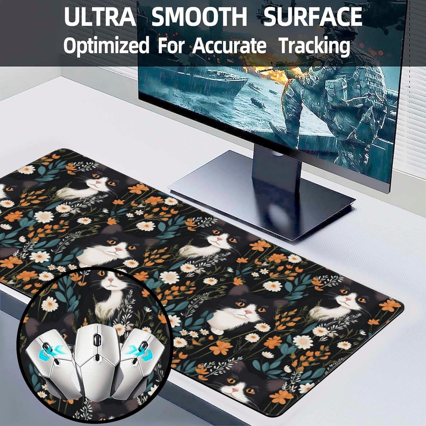 Extended Large Gaming Mouse Pad, Black Cat Wildflowers Large Desk Mat for Desktop XXL, Non-Slip Rubber Base Stitched Edges Long Computer Keyboard Desk Pad Mouse Mat for Gaming Home Office 35.4"X15.7"