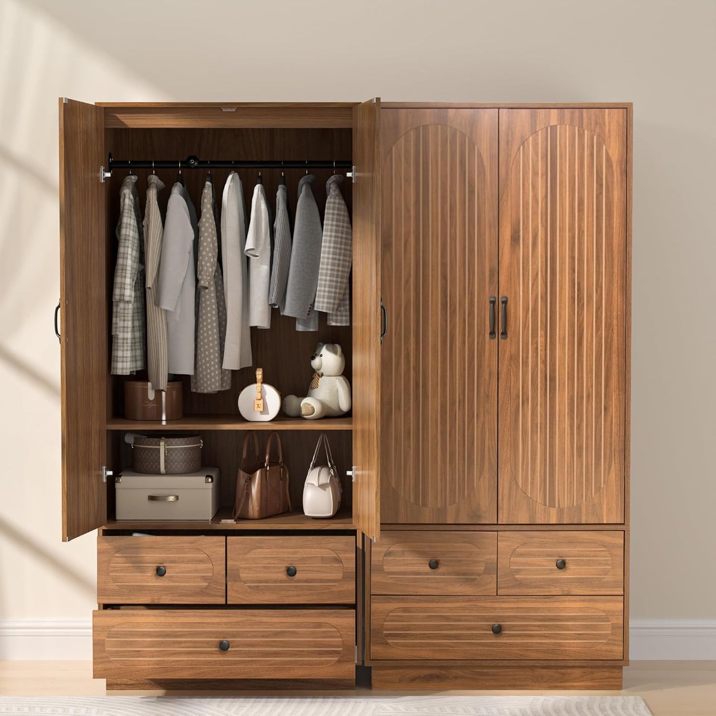 Armoire Wardrobe Closet with Doors, Wardrobe Cabinet with 3 Drawers, Wooden Large Clothing Storage Cabinet with Hanging Rod and Shelf, Mid-Century Modern Tall Closet for Bedroom, Walnut