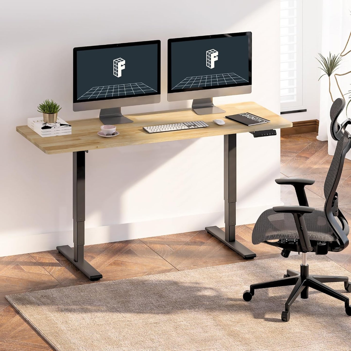FLEXISPOT E6 Essential Solid Rubber Wood 3 Stages Dual Motor 71x30 Inch Electric Height Adjustable Standing Whole-Piece Board Desk Sit Stand Up Desk (Black Frame + Solid Wood Desktop)