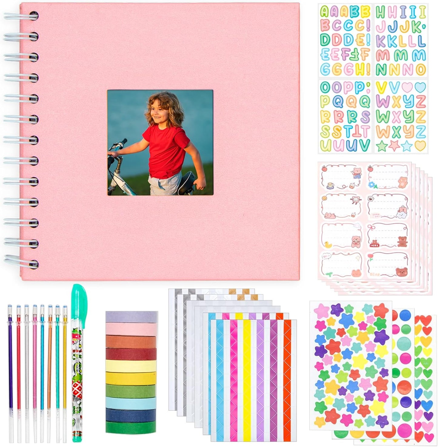 Kid Scrapbook Photo Album Hard Cover DIY Photo Album for Kids Instant Camera Print Paper with DIY Accessories (Pink)