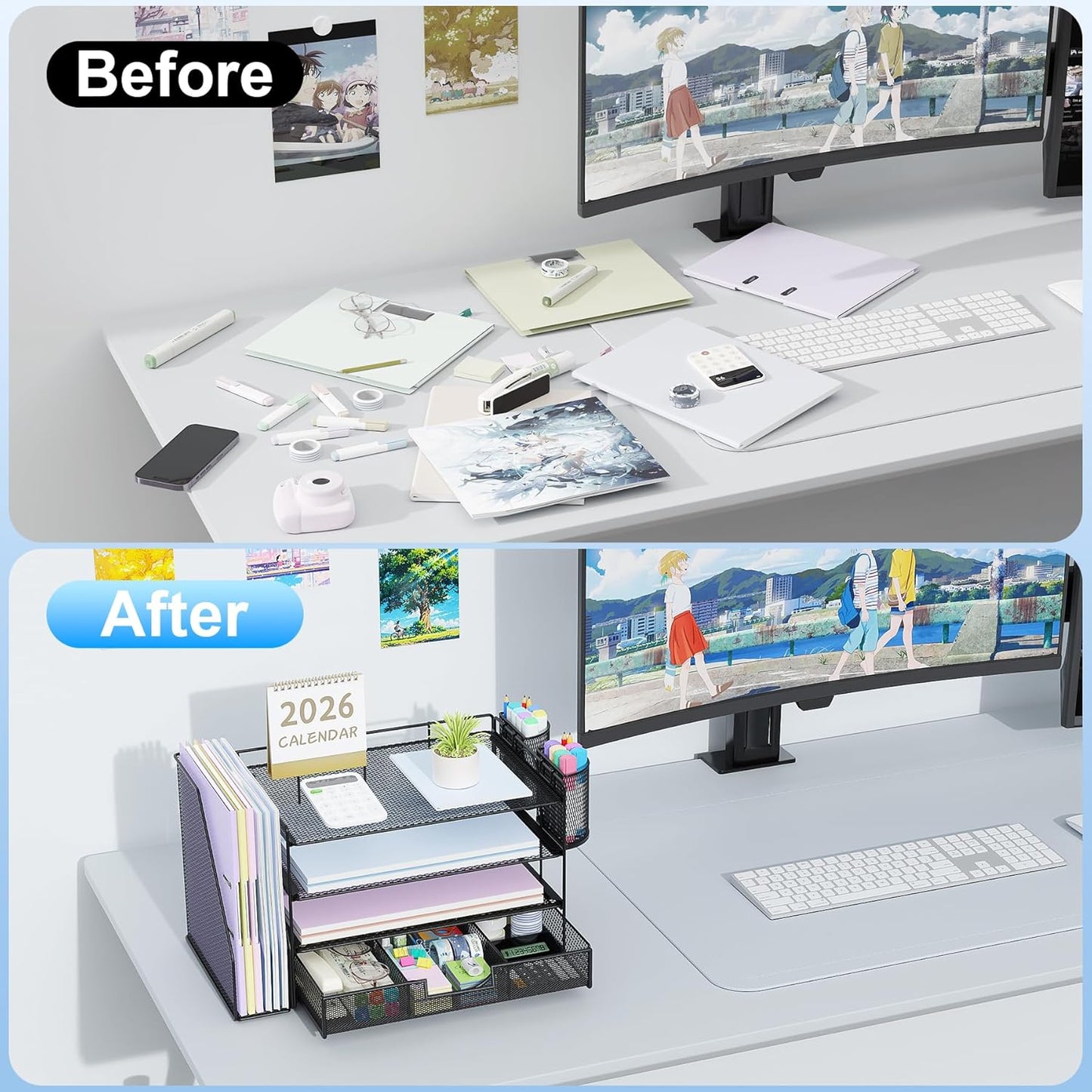 gianotter Desk Organizers and Accessories with File Holder, 4-Tier Desk Accessories & Workspace Organizers with Drawer and 2 Pen Holder, Paper Organizer for Office Supplies (Black)