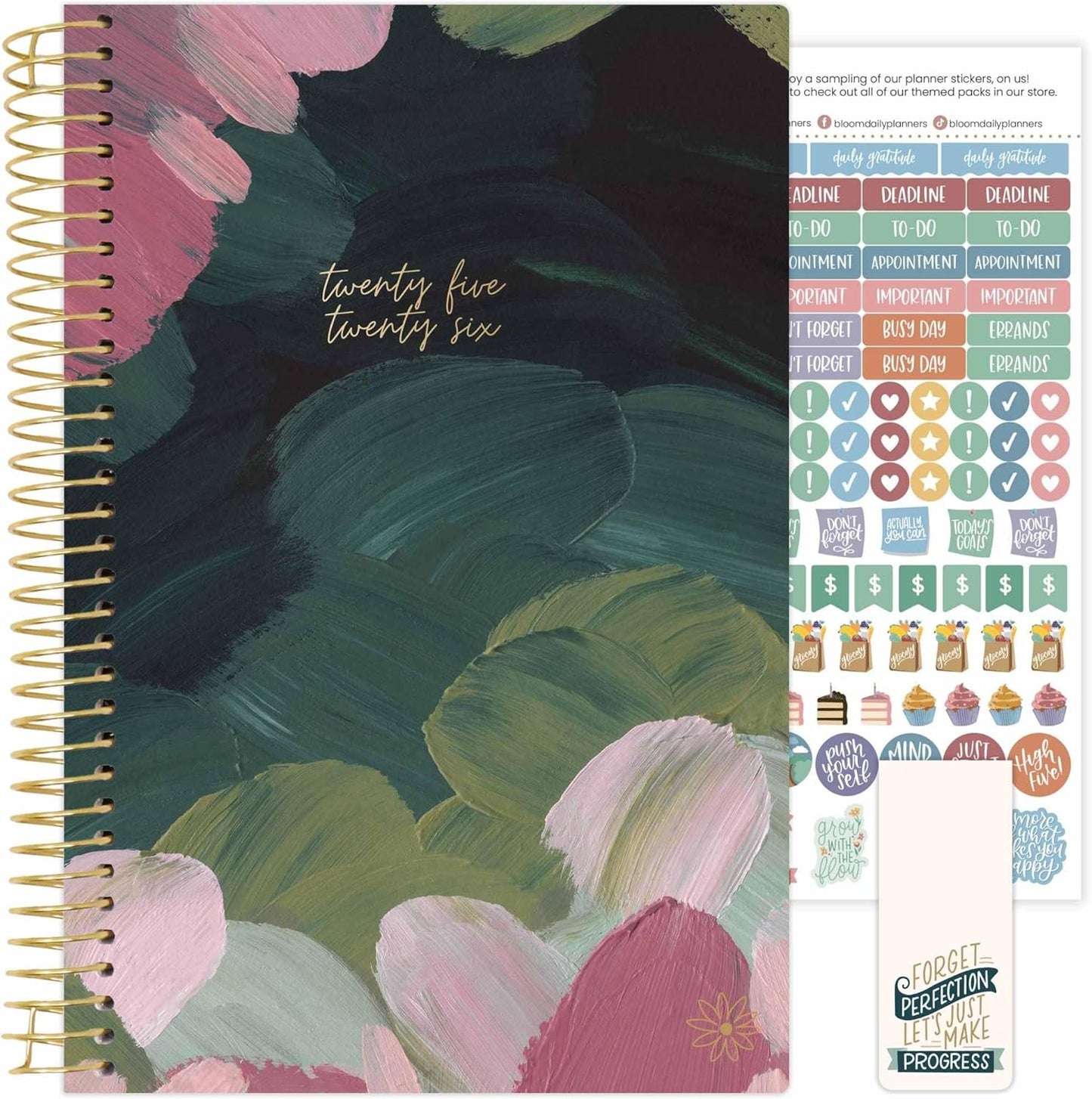 bloom daily planners 2025-2026 Academic Year Daily Planner (July 2025 - July 2026) - A5 Weekly & Monthly Calendar Agenda Organizer Book with Stickers - 5.5" x 8.25" - Emerald Paint Strokes