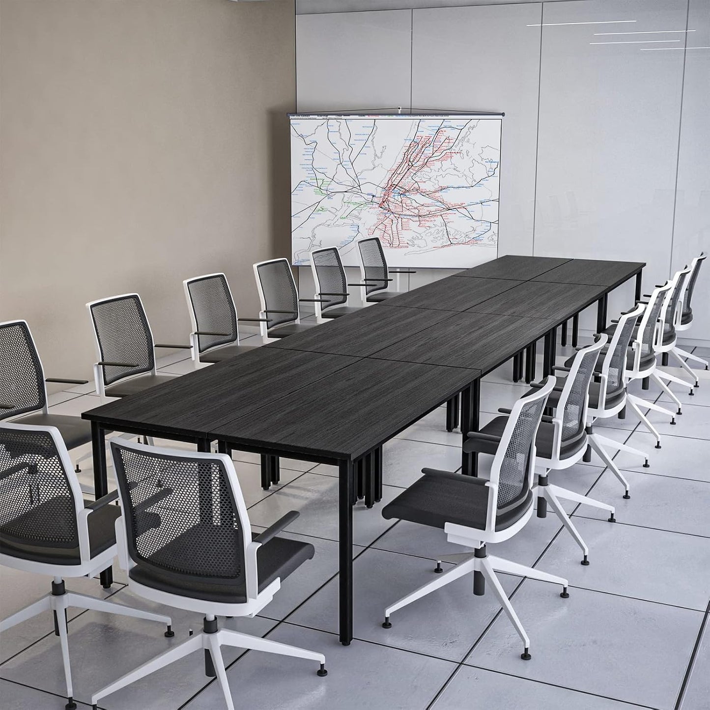 Bonzy Home Conference Tables 18ft Office Computer Desk for Meeting Room Study Writing Printer Table Meeting Seminar Table for 20 People Modern Black 8PCS (220.4"x47.2"x29.5", Black)
