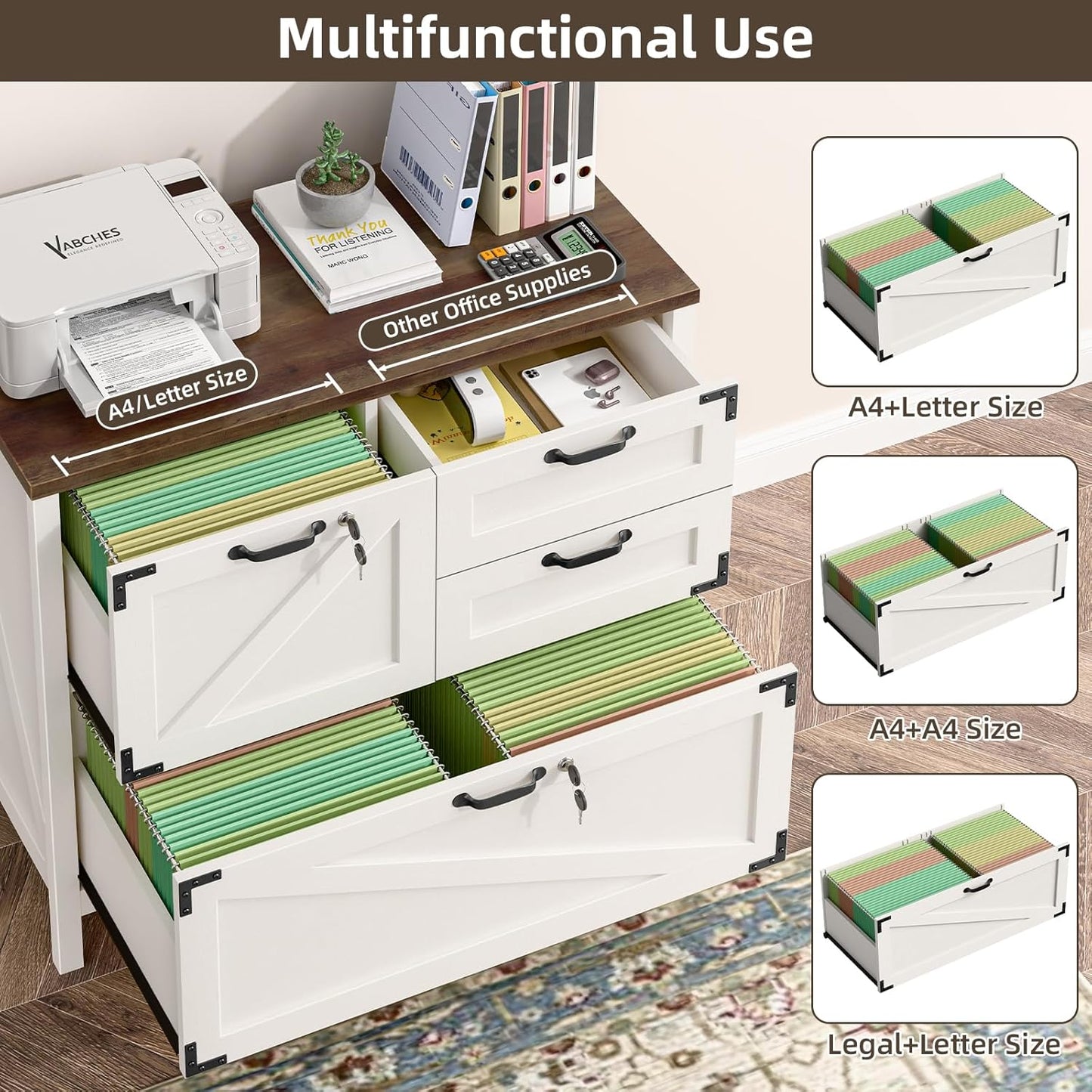 Wood Lateral File Cabinet with 4-Drawer for Hanging Files Letter/A4/Legal Size, Large Farmhouse Filing Cabinets with Lock for Home Office, Printer Stand with Office Cabinet, Office Furniture