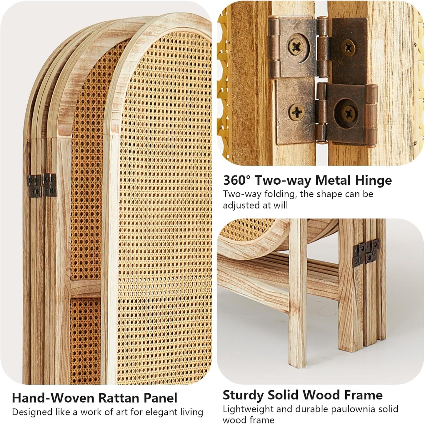 4 Panel Room Divider, 5.6 Ft Foldable Wood Room Divider Screen, Hand-Woven Rattan Folding Privacy Screens with Double Hinges, Wall Divider for Room Separation Bedroom Home Office - Natural