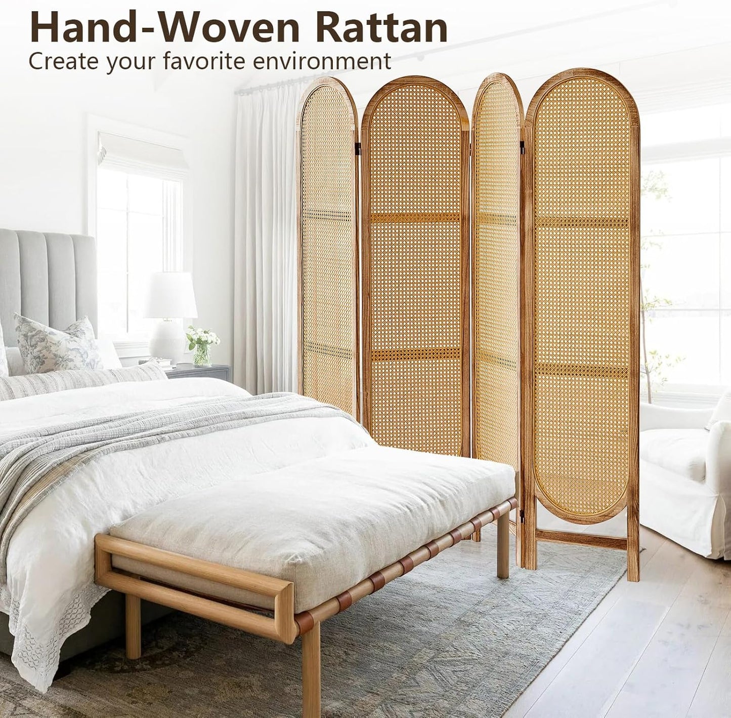 4 Panels Room Dividers and Hand-Woven Rattan Room Divider Wall, Wood Room Divider Folding Privacy Screens for Home Office Bedroom, Light Brown