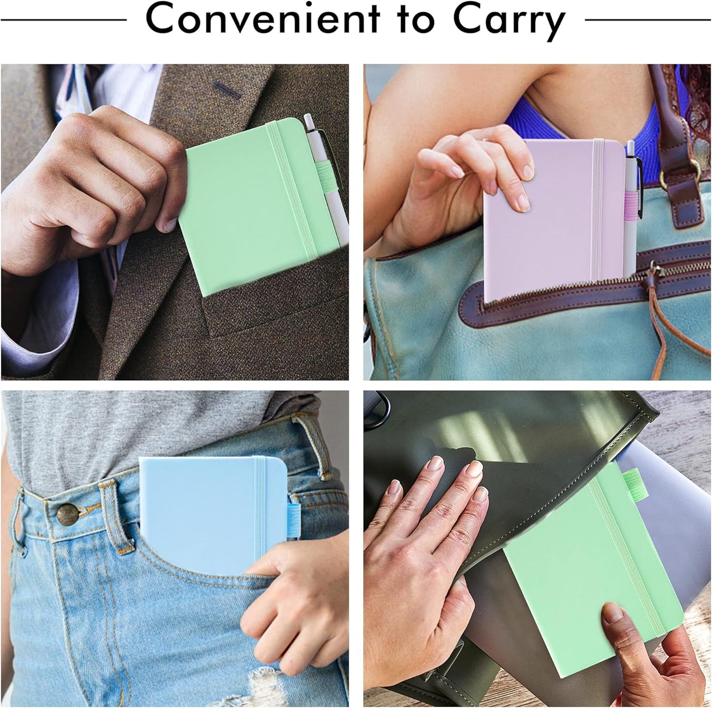 feela 3 Pack Pocket Small Notebook Journals, Mini Cute Hardcover College Ruled Notepad Women Office Supplies, with 3 Black Pens, 3.5”x 5.5”, A6, Pastel Colors, Light Blue, Light Purple, Light Green